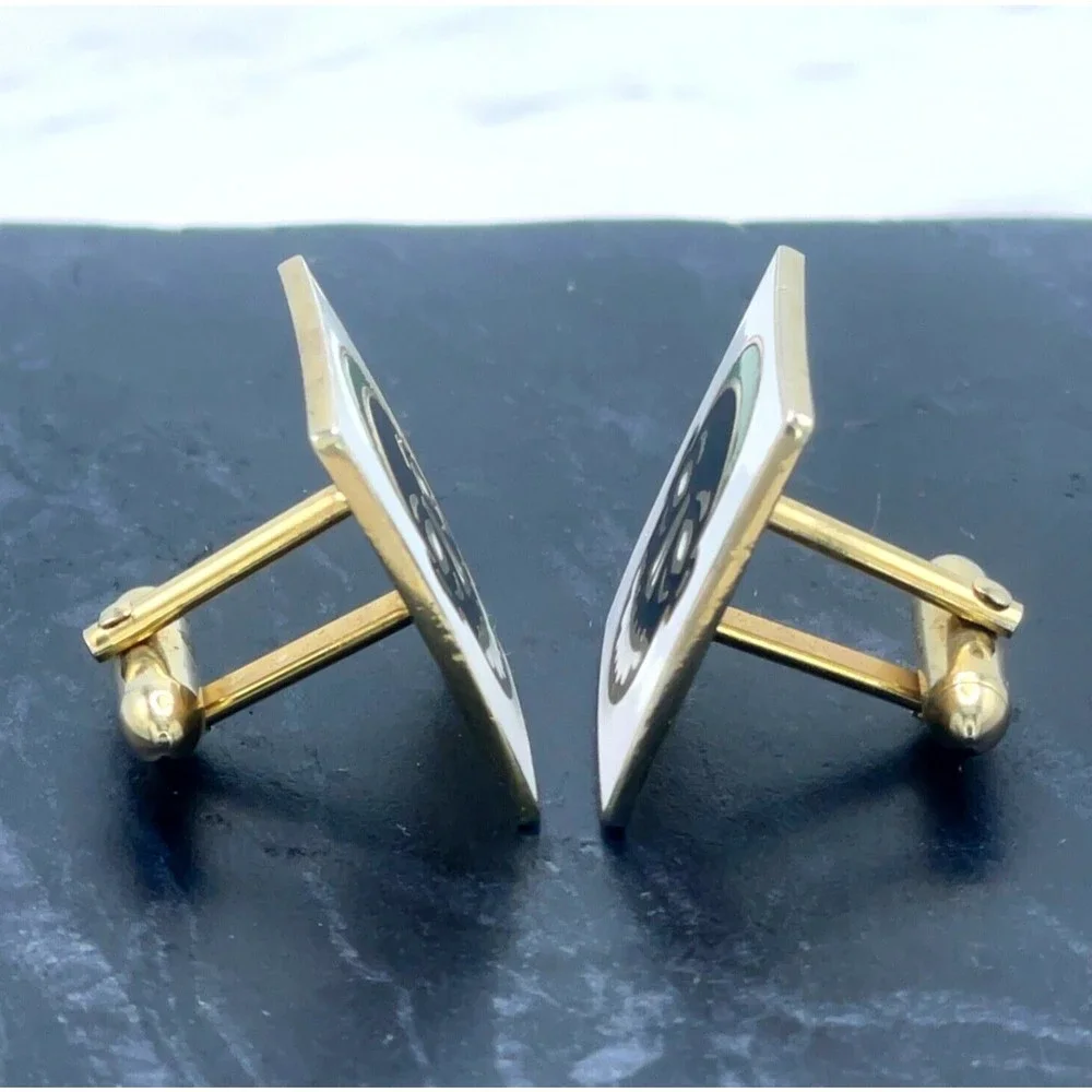Vintage Swank Tribal Mask White Black Green Enamel Gold Bullet Back Cufflinks